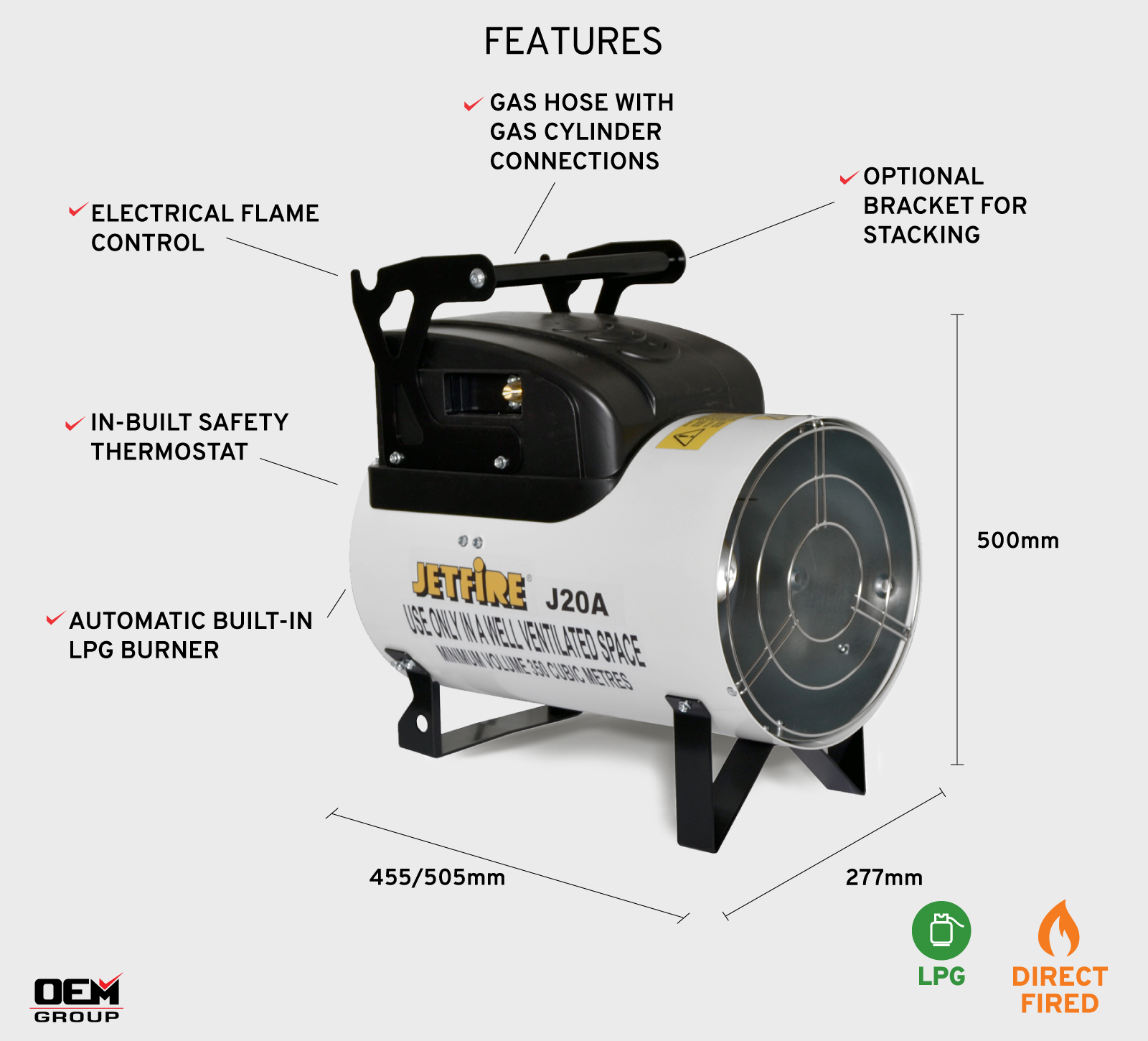 J20A JETFIRE LPG Heater Features Annotated