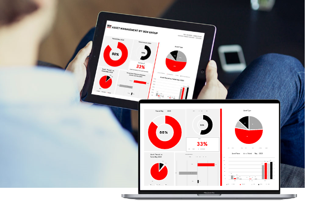 man holding ipad with report charts displayed