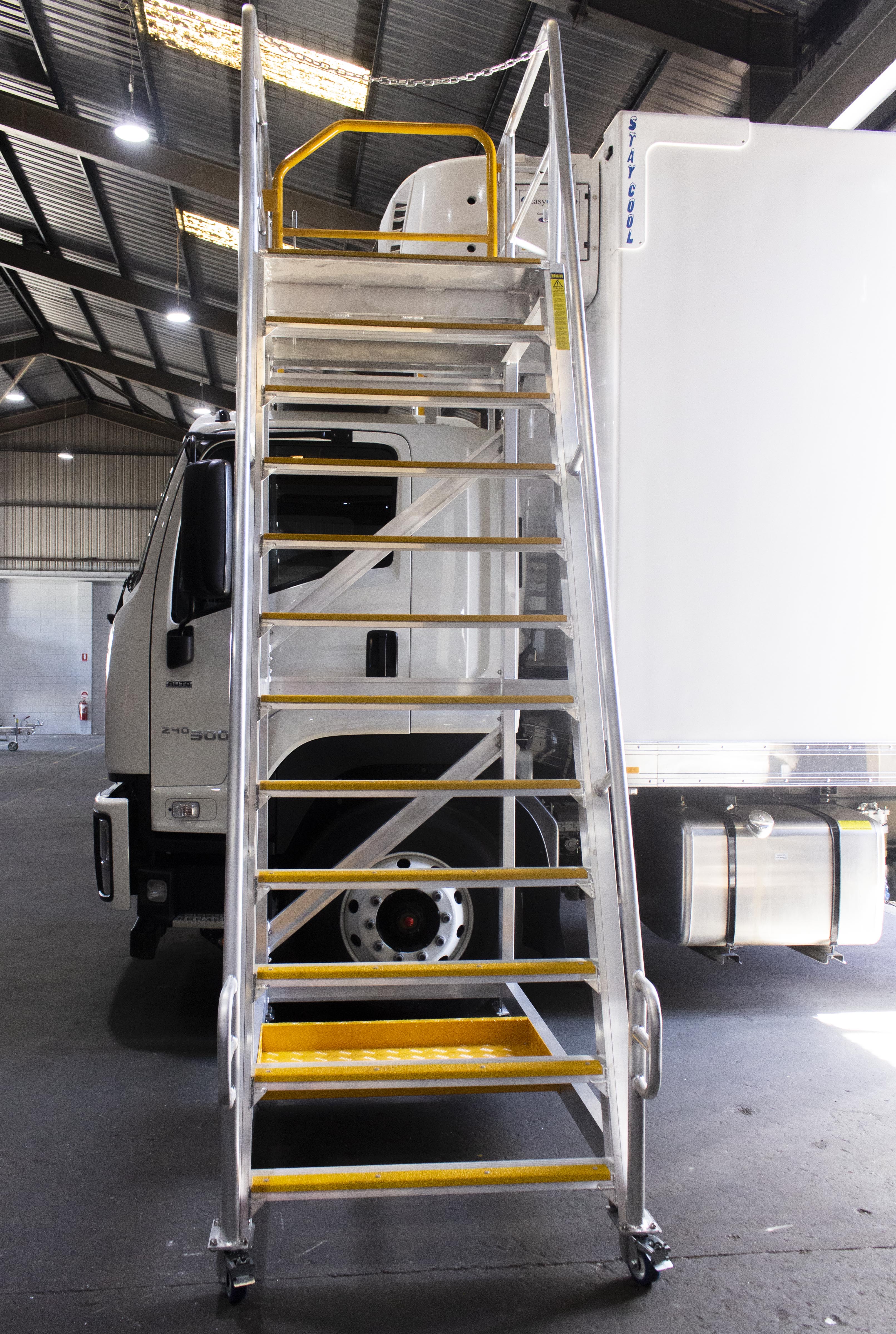 platform pushed against truck in warehouse