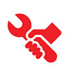 Hand holding wrench symbol in red
