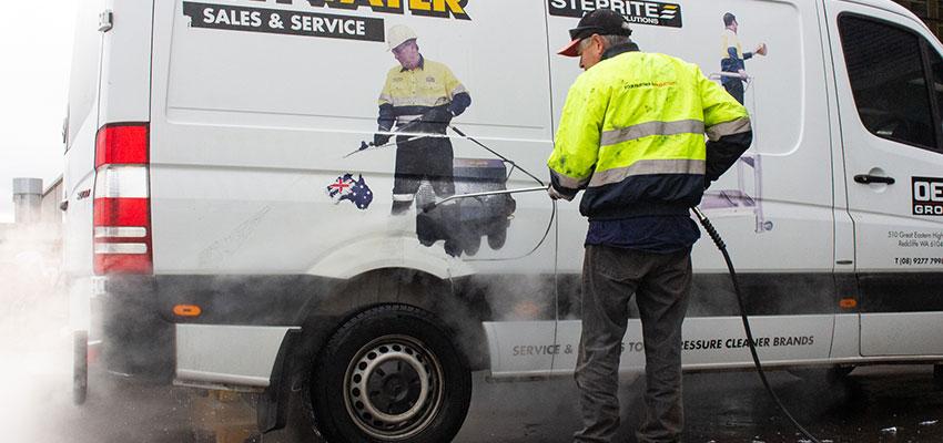 Cleaning a Spitwater van with a hot water pressure washer