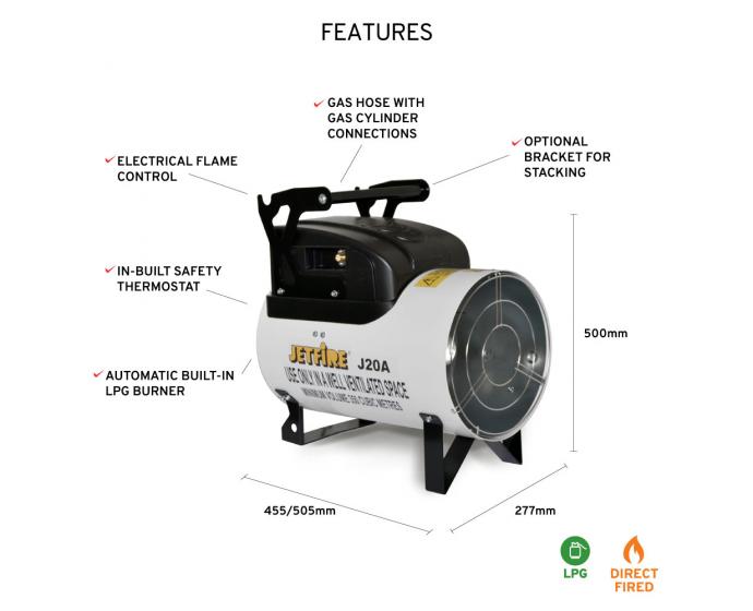 Jetfire J20A Gas Heater features on white background