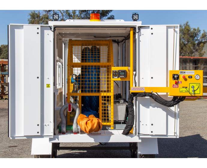 Recovery trailer inside showing rope spool and control panel